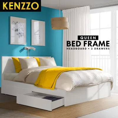 FREE SHIPPING🆓🚚 KENZZO : SNOW SERIES QUEEN SIZE WOODEN BED FRAME WITH HEADBOARD/2 Drawers with headboard/ Bedframe