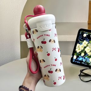 AU Bình nước giữ nhiệt bằng thép không gỉ có phao nổi dung tích lớn họa tiết hoạt hình có ống hút có dây xách dành cho học sinh.