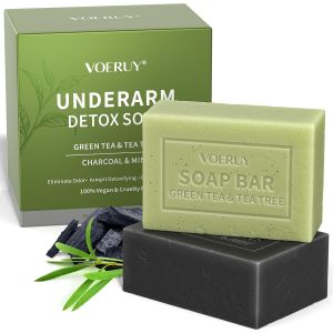 Soap 2 Pcs Armpit Soap with Green Tea & Tea Tree Charcoal & Mint for Eliminating Odor Exfoliating Moisturizing Bar Soaps for Legs Knee Feet Hands Whole Body - 10 oz280g