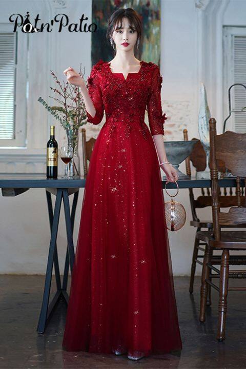 Ready Stock-Wine Red Evening Dresses With 3/4 Sleeves Luxury Appliques  A-line Floor-length Women Formal Gowns For Wedding Long