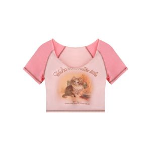 LadyLuxe - Crop Top Cute Cat T-shirt Kaos Pendek Motif Kucing Lucu Crop Tee Baju Lengan Pendek SL032