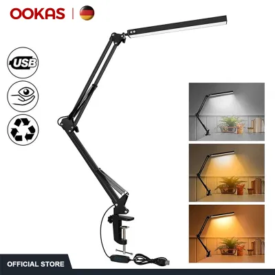 OOKAS LED Folding Metal Desk Lamp Clip On Light Clamp Long Arm Dimming Table Lamp Adjustable