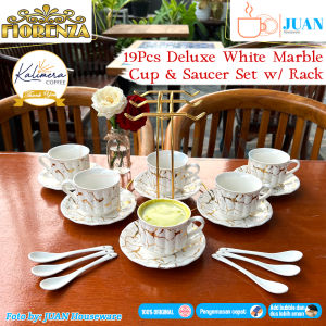 FIORENZA 6 pasang cangkir set + sendok + rak series duluxe Green Marble 220ml / tea set coffee cup and saucer ceramic
