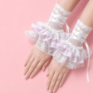 WAYCAI Ruffled Lace Womens Fingerless Gloves Elastic Band Ribbon Tie Lace Arm Sleeves Y2K Fashion Floral Pattern Mittens Cosplay Use