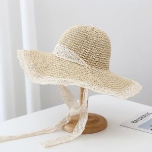 Lace Trim Knitting Sun Hat Beach Outdoor Sunshade Hat Sweet Big Brim Bucket Hat Girl Summer Hat Headwear