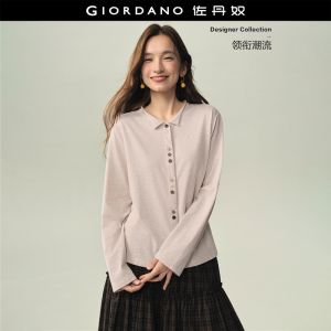GIORDANO Women T-Shirts Unevenly Spaced Buttons Knit Tee Small Collar Fashionable Casual Relaxed T-Shirts 18326635