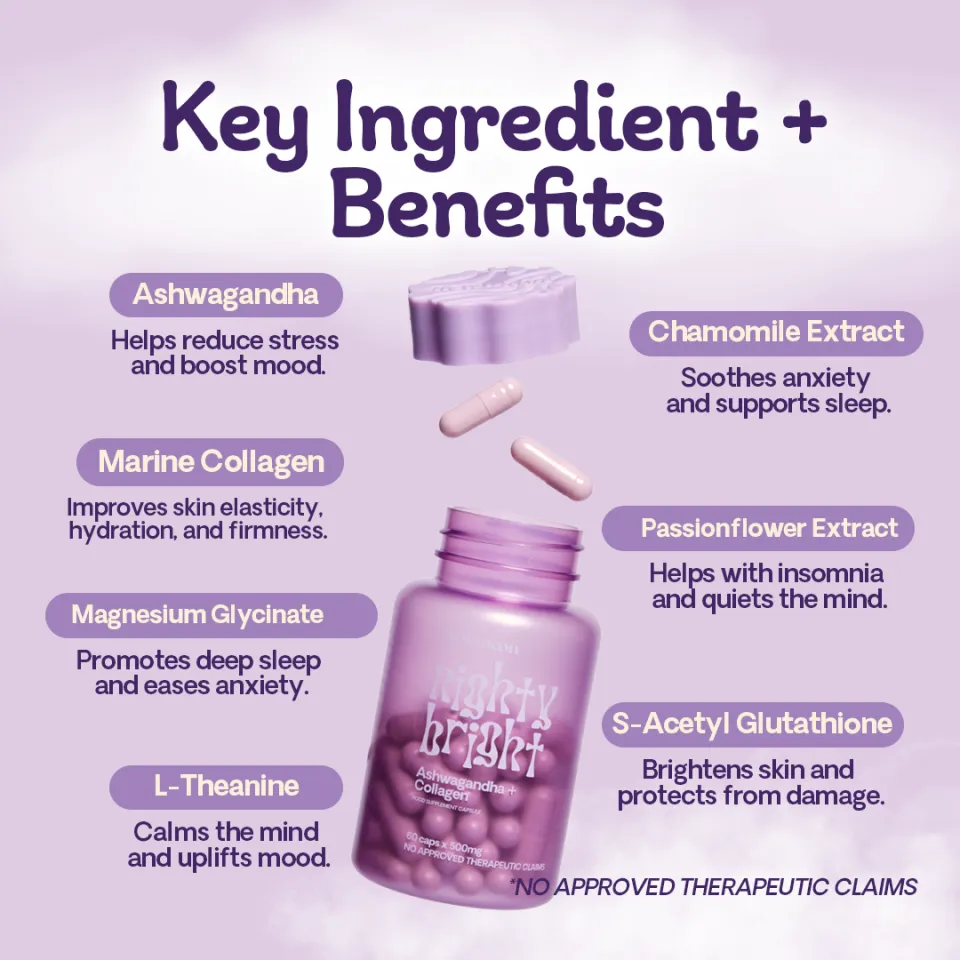 NEW MOON Nighty Bright Ashwagandha 500mg 180 CAPSULE with Hydrolized Marine  Collagen, Magnesium Glycinate, L-Theanine,