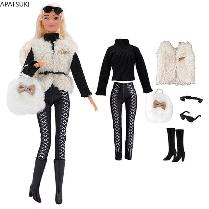 Winter Fashion Clothes Set For Barbie Doll Outfits White Fur Vest