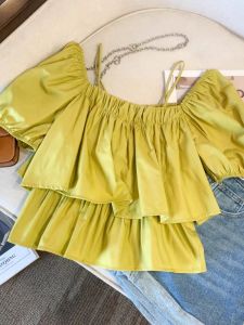 New Women Puff Sleeve Blouse Square Neck Layered Spaghetti Strap Baby Doll Top