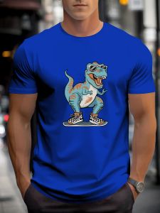 2025 Summer Mens Cotton T Shirt Skateboard Dinosaur Trendy Print Round Neck T-Shirt Casual Breathable Street Style Daily Top
