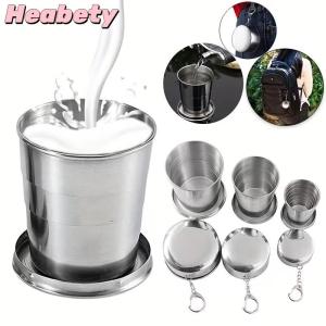 Heabety 250ml Stainless Steel Folding Cup Outdoor Travel Camping Portable Collapsible Water Cups With Keychain Retractable Teacups