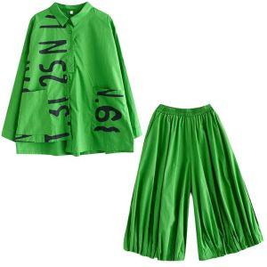 XITAO Pleated Pants Sets Irregular Shirt Letter Print Turn-down Collar Two Pieces Sets HQQ1909