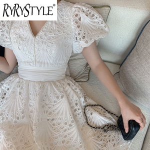 RYRYSTYLE Thailand Chaopai เดรสรัดรูปเอวสีขาว9477ลูกไม้ละลายน้ำได้สำหรับผู้หญิง