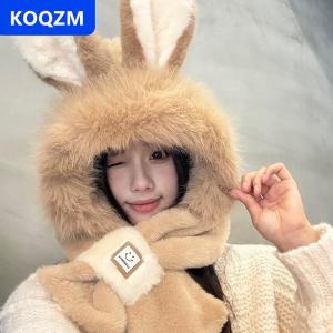 [COD] KOQZM Bunny tai sang trọng mũ và khăn quàng cổ cho Phụ nữ mùa đông phong cách dễ thương dày ấm tai bảo vệ Lei Feng hat