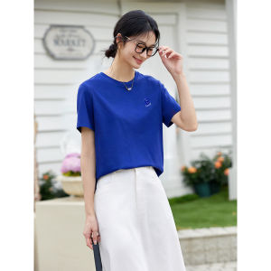 VIMLY Womens Minimalist Office T-shirt 2026 Summer New Round Neck Solid Sequins Embroidery Short Sleeve Straight Top A15162026