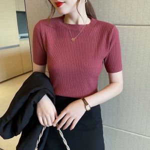 Short-sleeved Sweater Womens Korean-style Fashionable Slim-fit Base Shirt Womens Knitted Top
