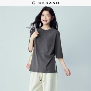 GIORDANO Women T-Shirt 100% Cotton Knit Round Neck Mid-Sleeve Pocket Relaxed Slight Stretch Casual T-Shirt 13326214