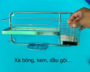 Kệ góc xà nhà bông nhà tắm inox 1 tầng có ống đựng kem bóp PHÚC HƯNG PHÁT SG size D40xR10xC20cm.