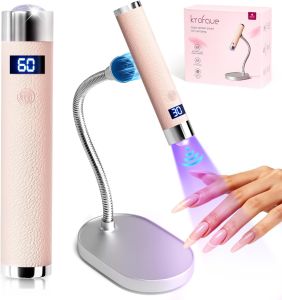 Krofaue Handheld UV Lamp with Auto-Sensor Rechargeable Nail Dryer Magnetic head 360 ° gooseneck 30s/60s timers LCD display 800mAh battery 60min cordless use for salon home travel