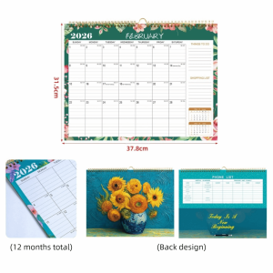 QINJUE English Version 2026 Wall Calendar Large Date Blocks Floral Design Monthly Planner 12 Months Aesthetic Design Wall Calendar Office Use