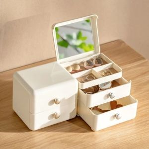 EO4MD พลิกกลับ กล่องเครื่องประดับแบบลิ้นชัก พร้อมกระจก ป้องกันฝุ่น กล่องเก็บของแบบลิ้นชัก สร้างสรรค์ หลายฟังก์ชัน ที่เก็บต่างหู สำหรับเดสก์ท็อป