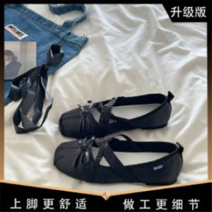 Free Shipping Gray Retro Lace-Up Ballet Flats For Women 2026 Spring New Collection Flat Shallow-Toe Shoes