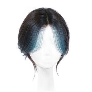 VINCENT914 Highlighted Blue Synthetic Topper Hairpiece Straight Middle Part False Bang Fasion Seamless Clip-In Bangs Extension Covering White Hair