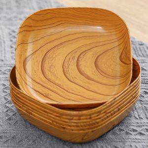 BHQ 6 Pcs Wood Grain Plastic Plate Multifunctional Dessert Snack Dish Kitchen Dinnerware Set