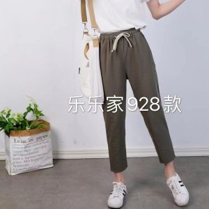 [ราคาพิเศษ]ฤดูร้อนกางเกง7ส่วน กางเกงผ้าฝ้ายและผ้าลินินขากระบอกเล็ก เชือกผูกเอว เอวยืดได้ใหญ่