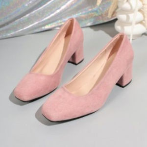 [Free Shipping] Spring And Autumn New Collection: Pink Suede Square-Toe Chunky-Heel Shallow-Cut Pumps For Women Available In Plus Sizes Versatile For Work And Everyday Wear