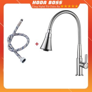 Vòi rửa chén cần mềm gắn chậu cao cấp HODABOSS cổ bi xoay 360 với đầu vòi 2 chế độ xả nướcĐồng mạ NIKEN bóng sáng