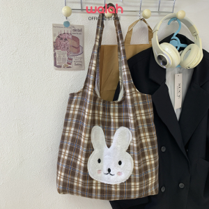 Cute Ladies Student Handbags Canvas Tote Bag Shoulder Shopper Bags Embroider Khaki Plaid Canvas Bag