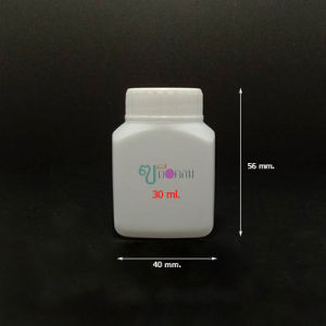 ขวด 30 มล. (100 ใบ) พลาสติกขาวทรงสี่เหลี่ยมผืนผ้า + ฝาขาว #28 (GW.=0.95Kg.)