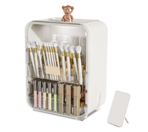 Portable Pink Bear Series Multi-Function Make Up Case Dustproof Cosmetic Storage Box Cosmetics Skin Care Products Jewelry Organizer Case Lipstick Box With LED Light - White