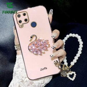 Luxury 3D Shiny Glitter Crystal Diamond Swan Pearl Bracelet Phone Case Soft TPU Back Cover For Realme C53 C51 C55 C33 C35 C31 C15 C12 C11 C30 C17 C20 C21Y C25Y 5 Pro 5i 5S 6i 7i 8i 9i 8 Pro 9 Pro Narzo 50i Prime Narzo 50A Prime 20 30A