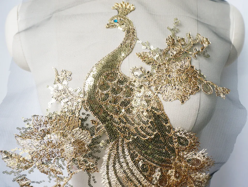 Peacock Embroidery Lace Collar Applique Sequins Patch DIY Sewing Dress Craft