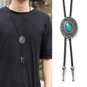 Bolo Tie for Men Western Cowboy Style Necktie with Carved Turquoise Buckle Gentleman Formal Meeting Costume Accessories
