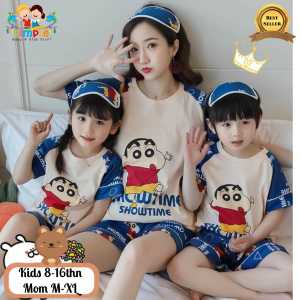 Baju Tidur Couple Ibu Dan Anak Perempuan Import Bahan Katun Sinchan Biru Pendek #22