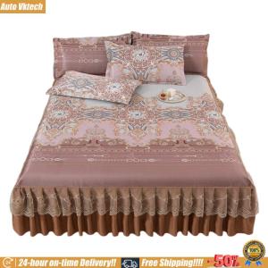 [Auto Vktech] 3pcs Bed Sheet Set with Ruffle Summer Mattress Protector with 2 Pillowcases Elegant Home Decoration