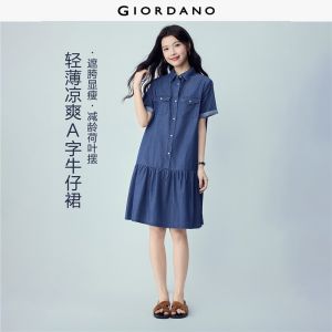 Giordano Women 100% cotton flounce hem denim midi dress Free Shipping 05466302