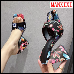 MANXIXI Fashion Women High Heels 4.13 Inches Slippers Beautiful Flowers Pattern Fish Mouth Sandals (Size 35-41)