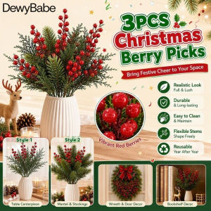DewyBabe 3Pcs Christmas Red Berries Artificial Pine Needle Branches Flexible Stems Realistic Berry Picks