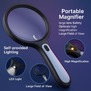 Large Handheld Reading Magnifier Double Optical Lens Led Light Reading Large Optical Lens Magnifier