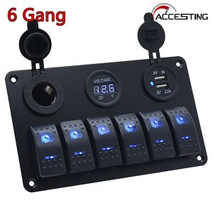 Màu xanh LED 3.1A 6 gang Bảng công tắc điều chỉnh Cổng USB kép bảng chuyển đổi không thấm nước xe biển ngắt mạch điều khiển kỹ thuật số LED Vôn kế bật/tắt