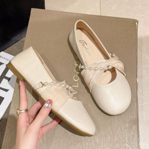 Fairy Style Pearl Bow Soft Bottom Mary Jane Shoes Womens Spring New Flat round Head Gommino Shallow Mouth Pumps