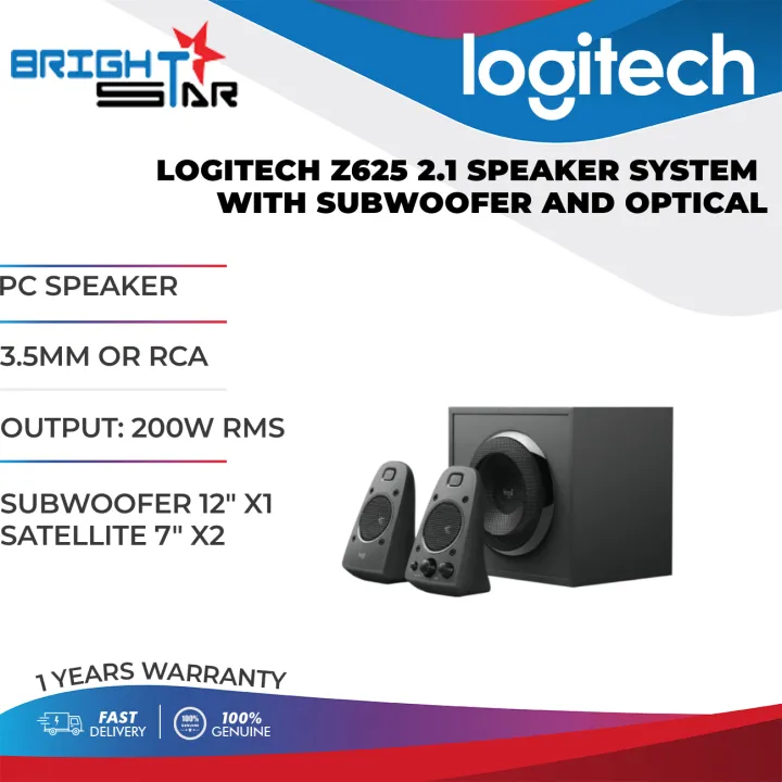 PC SPEAKER / LOGITECH Z625 2.1 SPEAKER SYSTEM WITH SUBWOOFER AND OPTICAL / 3.5MM OR RCA / OUTPUT: 200W RMS / SUBWOOFER 12" X1 SATELLITE 7" X2 / GREY / 1 YR