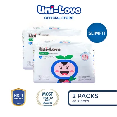 UniLove Slim Fit Baby Pants 30s (X-Large) Pack of 2 - Hypoallergenic | Super Absorbent | Ultrasoft | Neutralizes PH Level | Double Leakguard | Pants type | Breathable