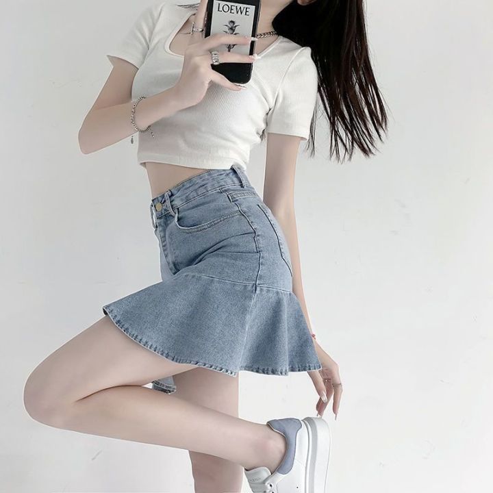 y2k high waist denim A-line skirts for girls women Korean style lotus ...