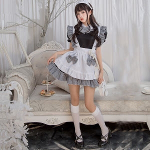Halloween Costume lolita Maid Costume Chef Daily Black and White Plaid cospaly Maid Lolita Dress