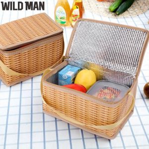 Compact Wicker Rattan Picnic Basket with Food Container for Outdoor Camping and Hiking Trips in Stylish Design